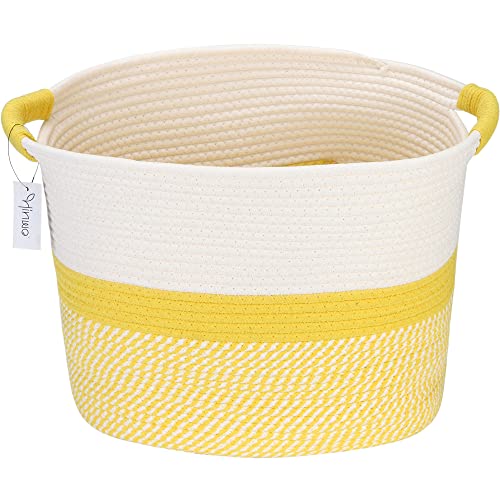 Image of Hinwo Oval Cotton Rope Storage Basket Collapsible Nursery Storage Box Container Organizer with Handles, 16 x 13 inches, Off White and Yellow