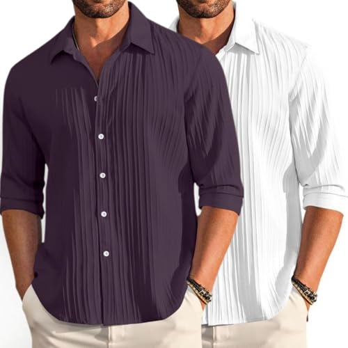 Image of FINIVO FASHION Men's Cotton Blend Shirt Set Lightweight, Full Sleeves, Plain Texture, Button Closure, Summer Ready (Pack of 2)