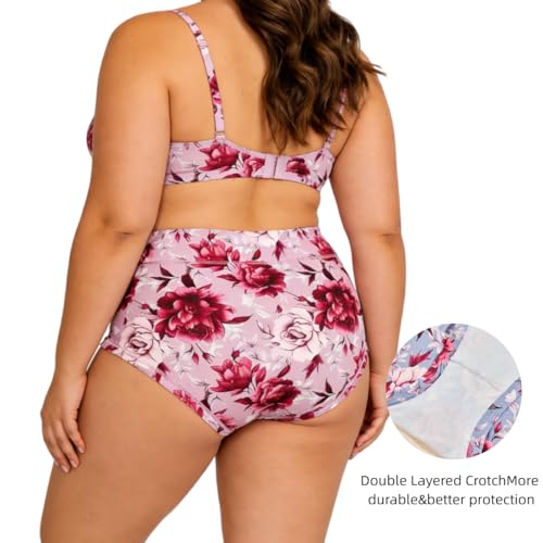Image of Womens Underwear XL-5XL Plus Size Ladies Panties Mid High Waist Briefs for Woman Floral Print Pantys 6-Pack