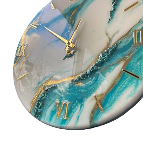 Image of Handmade Resin Wall Clock with Roman Numerals - Luxury Marble Effect Designer Wall Clock with Gold Finish, Silent Quartz Movement, Modern Home & Office Decor (Sky Blue White)