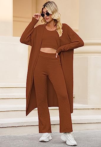 Image of Fixmatti Women's Fuzzy 3 Piece Sweatsuit Open Front Cardigan Crop Tank Tops Wide Legs Pants Lounge Sets