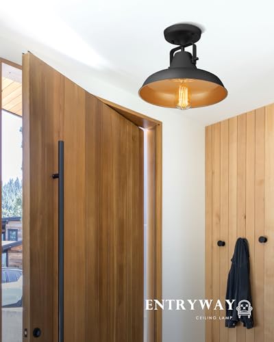 Image of 1-Light Semi Flush Mount Light, Farmhouse Black Ceiling Light Fixture, Industrial Close to Ceiling Lighting for Bedroom Dining Kitchen Foyer Hallway Stairway Entryway, AD-2135-1SF