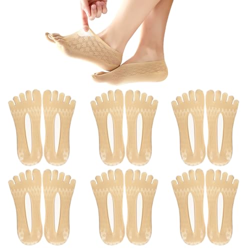 Soleeya 6 Pares Calcetines 5 Dedos Invisibles Cortos Bajo Mujer 34-39, Transpirables Calcetines Cinco Dedos Mujer de Algodón con Silicona para Deporte Casual (Beige)