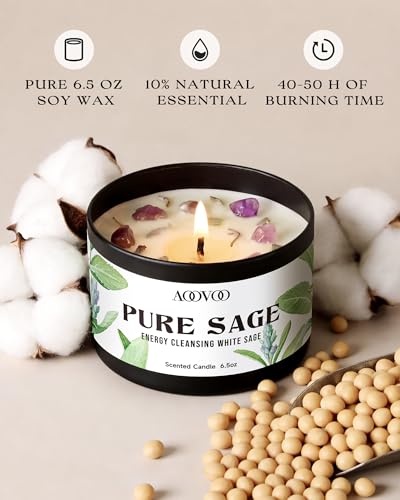 Image of AOOVOO 2 Pack Sage Candles - Cleansing Candle with Crystals & Sage Leaves Inside, 13oz 100 Hours Long Lasting, Non Toxic Candle for Spiritual House Energy Meditation Yoga