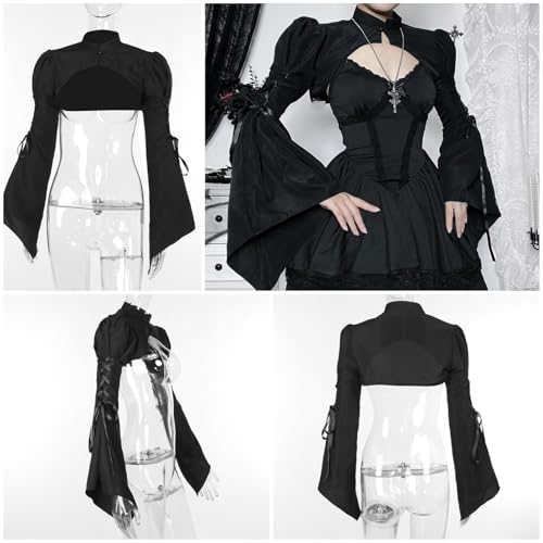 Image of Women Gothic Crop Top Shirt Y2K Black Bell Sleeve Shawl Cardigan