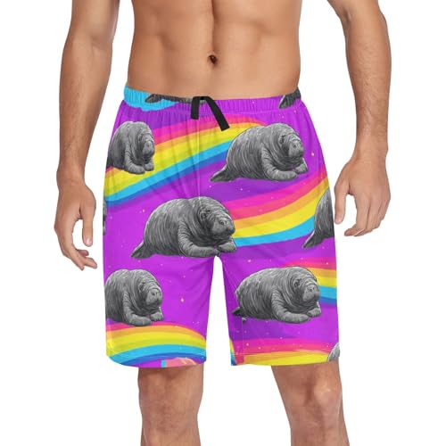 Men's Short Pajama Bottoms Rainbow Manatee Home Casual Sleep Pants4