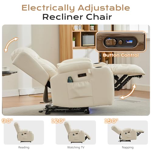 Image of URRED Recliner Chair with Massage and Heat, Power Reclining Sofa Chair Home Theater Seating with LED Ambient Light, USB Ports, Cup Holders, Side Pockets, Faux Leather (Beige, Set of 1)