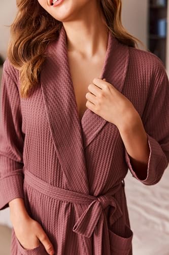 Ekouaer Robes for Women Long Waffle Knit Bathrobe Lightweight Kimono Robe Soft Shawl Collar Spa Robes with Pockets S-XXL4