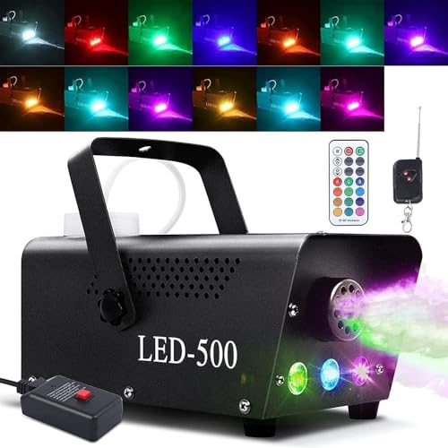 Máquina de humo automática de 500W con efecto de luz LED colorida, controles remotos inalámbrico y con cable, indicador de precalentamiento, perfecto para Halloween, Navidad, bodas y escenario miniatura 1