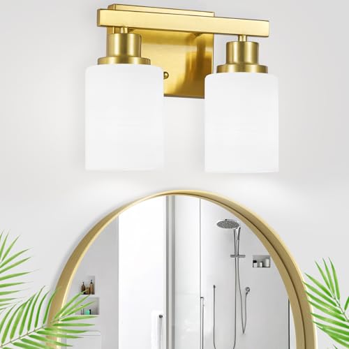 Image of 2-Light Gold Bathroom Light Fixture Vanity Light Over Mirror 10.6in | White Frosted Ribbed Glass Shade Modern Vanity Lights Fixtures Bathroom Wall Lamp Sconces for Mirror Small Space E26 Base
