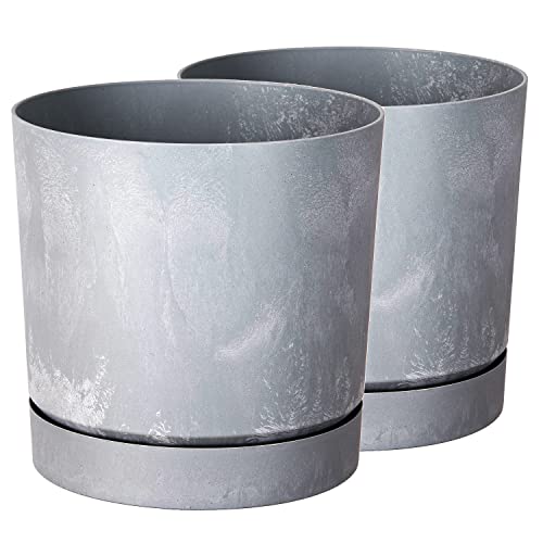 Tymar Blumentopf mit Untersetzer, 2er-Pack, dekorativer Pflanzentopf aus Kunststoff, Moderne, Runde Form, für Innenräume (ø 40 cm, (2pack) Beton)