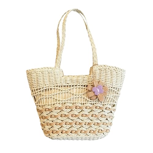 Cymwer Bolsos de Hombro de Mimbre de Paja para Mujer Bolso de Playa de Verano de Gran Capacidad con Colgante de Flor Bolso Boho para Viajes Compras Trabajo Uso Diario (Beige) (Blanco)