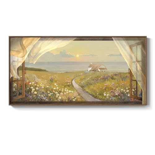 Extra Large Vintage Framed Canvas Wall Art for Living Room - Window Landscape Farmhouse Artwork Prints Nature Scenery Warm Sunset Wildflower Coastal Retro Rustic Painting Pictures for Bedroom 30x60 In