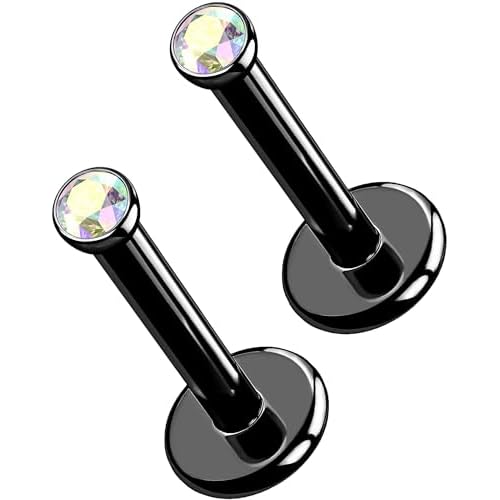OUFER 2Pcs 20G/18G/16G G23 Titanium Threadless Nose Stud Earrings Flat Back Tiny CZ Small Nose Helix Cartilage Tragus Conch Labret Medusa Monroe Piercing Jewelry for Women Men Black AB 2pcs,