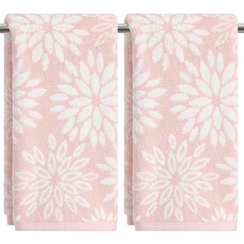 Artoid Mode 2 Pcs Beige Pink Dahlia Floral Jacquard Hand Towels for Bathroom 100% Cotton Soft Absorbent Bathroom Decor Towels 13.7 x 29.5 Inch