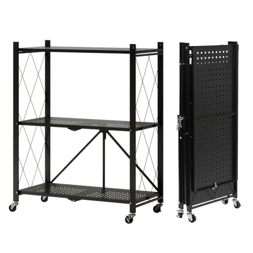 UneMeet 折りたたみラック スチールラック 3段 キャスター付き 棚 ラック 収納 移動便利 オープンシェルフ 食器棚 レンジ台 キッチン 広げるだけで使える 折りたたみ式 省スペース 組立簡単 (ブラック, 3段 幅71*奥行34*高さ87cm)