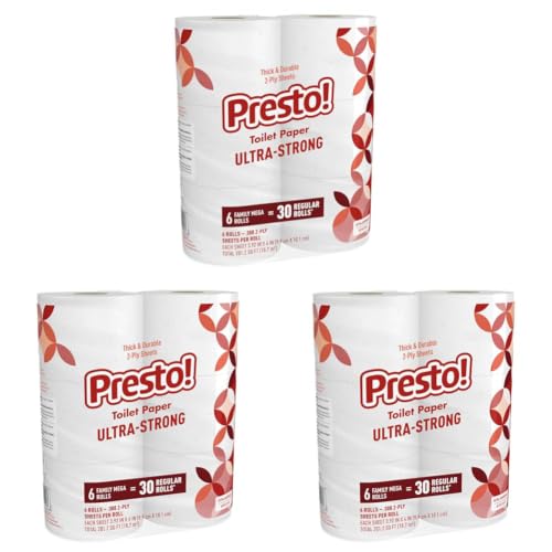 Image of Amazon Brand - Presto! Ultra-Strong 2-Ply Toilet Paper, 6 Mega Rolls : 30 Regular Rolls, 308 Sheets Per Roll, Unscented (Pack of 3)