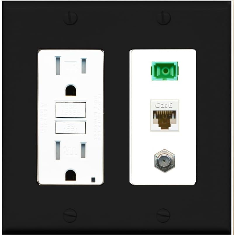 RiteAV 1 Port Fiber Optic Jack SC Simplex APC + Cat6 + Coax Wall Plate - GFCI Outlet [Black/White]