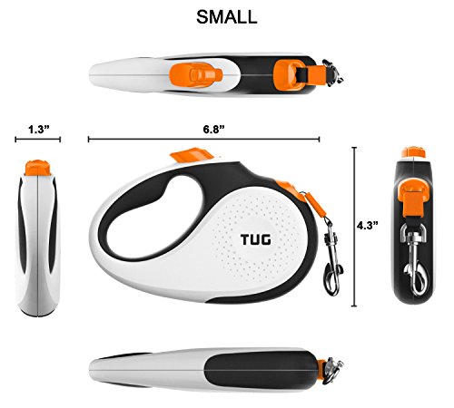 Tug 360° Tangle-Free Retractable Dog Leash With Anti-Slip Handle | 16 Ft Strong Nylon Tape | One-Handed Brake, Pause, Lock (Small, White/Orange) #TOP1