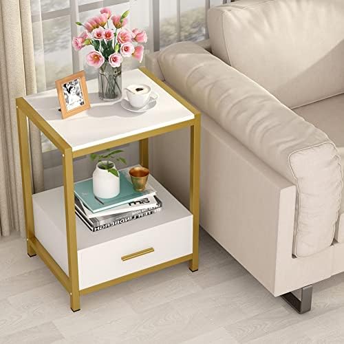 Tribesigns 25 inch Tall Gold Bedside Table with Drawers and Storage Shelf, Modern End Table Side Table for Bedroom, Living Room(Gold and White)