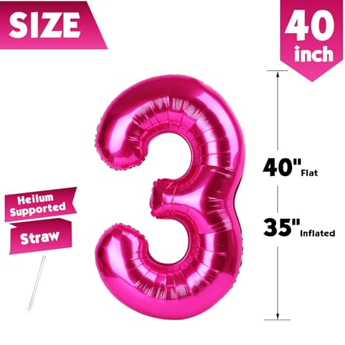 Image of 40 Inch Hot Pink Number 3 Balloon, 3rd Birthday Party Decorations | 40 Inch Hot Pink inflatable foil number balloons, large birthday decorations for 3rd birthday