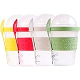 4 PCS Yogurt Parfait Cups with Lids, Reusable Yogurt Containers with Lids and Spoons, Take and Go Yogurt Cup with Topping Cereal or Oatmeal Container. Red+Yellow+Green+Grey Containers