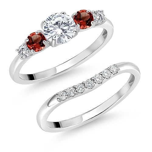 Gem Stone King 10K White Gold White Lab Grown Diamond and Red Garnet 5 Stone Bridal Engagement Wedding Ring Set For Women (0.91 Cttw, Round: 5MM and 3MM, Available in Size 5,6,7,8,9)