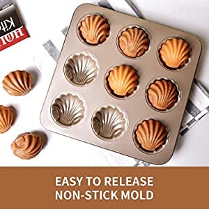 Ihanini Madeleine Pans For Baking 9-Cavity Cake Pan Non-Stick Bake-Ware Mold For Oven Baking Champagne Gold #TOP1