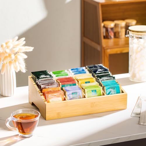 TIMIEEYA Tea Bag Organizer - Bamboo Tea Storage Organizer With 12 Compartments, 1 Layer Tea Organizer for Tea Bags Natural Bamboo for Countertop Office Kitchen Cabinet Pantry