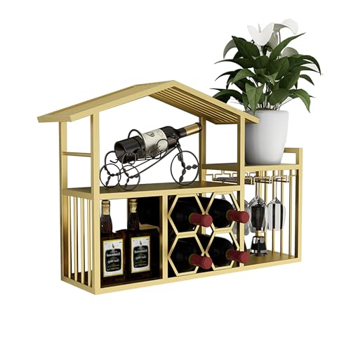 WXZXWXZX Metal Wine Rack Wall Mounted with LED Light Floating Bar Shelves Liquor Shelf with Hanging Wine Glass Holder for Liquor Bottles for Home Bar Dining Room Kitchen Living Room(Gold)