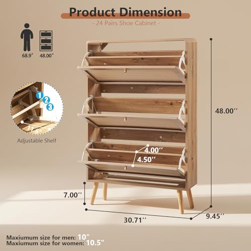 Rattan Shoe Cabinet with 3 Flip Drawers, 24 Pairs Narrow Shoe Storage Cabinet for Entryway Freestanding Hidden Shoe Rack, Modern Slim Wood Shoe Organizer for Hallway, Natural