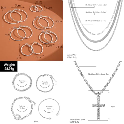 116 Pcs Silver Jewelry Set with 7Pcs Layered Necklace, 11 Pcs Bracelet and 22pcs Hoop Earrings ,22pcs Knuckle Rings,54pcs stud earrings Jewerly set For Women Valentine Anniversary Birthday Friendship Gift2