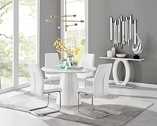 Image of Furniturebox UK Palma White High Gloss Round Pedestal Dining Table and 4 White Faux Leather Silver Leg Lorenzo Dining Chairs