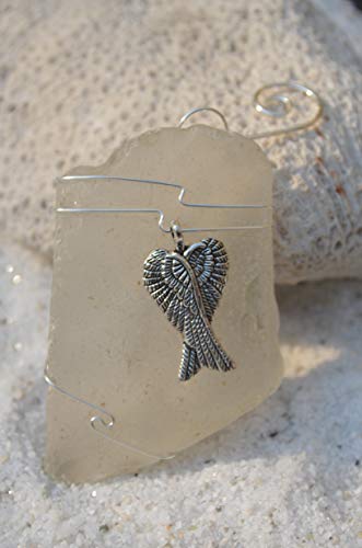 Custom Frosted Sea Glass Wire Wrapped Ornament With Silver Angel Wings - Made To Order #TOP3