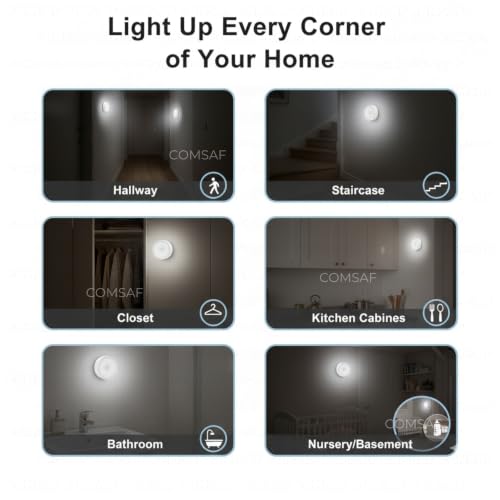 Image of ComSaf USB Rechargeable Motion Sensor LED Light for Home Indoor [Pack of 4] - Wireless Magnetic Stick On Night Light for Cabinet, Wardrobe, Closet, Kitchen, Bedroom, Stairs, Under Cabinet Lighting