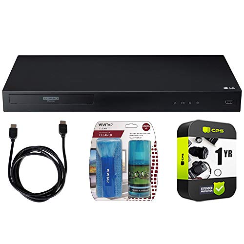 LG UBK80 4k Ultra-HD Blu-Ray Player with HDR Compatibility Bundle with LCD Screen Cleaner with Micro Fiber Cloth and Cleaning Brush, 6ft High Speed HDMI Cable Black, 1 Year Extended Protection Plan