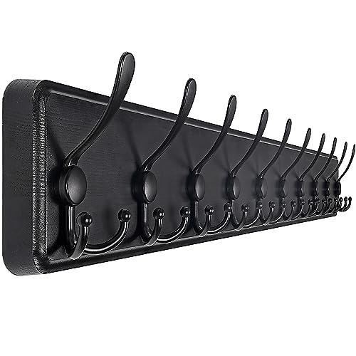 Image of SKOLOO Coat Rack Wall Mounted - 38.3'' Long, Wooden, Heavy Duty, Rustic Coat Hooks for Wall, 16'' Hole to Hole, Wall Coat Rack with 10 Triple Hooks for Hanging Clothes, Jacket, Hat(Black)