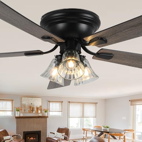 Image of 52'' Flush Mount Low Profile Farmhouse Ceiling Fan with Light