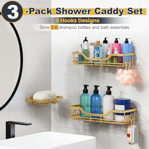 Image of OMAIRA 3-Pack Shower Caddy with Soap Holder, Adhesive Rustproof No-drill Strudy Loading Inside Shower Organizer Shelves Rack Storage Bathroom Organization for Smooth Wall Glass Tile, (Gold)
