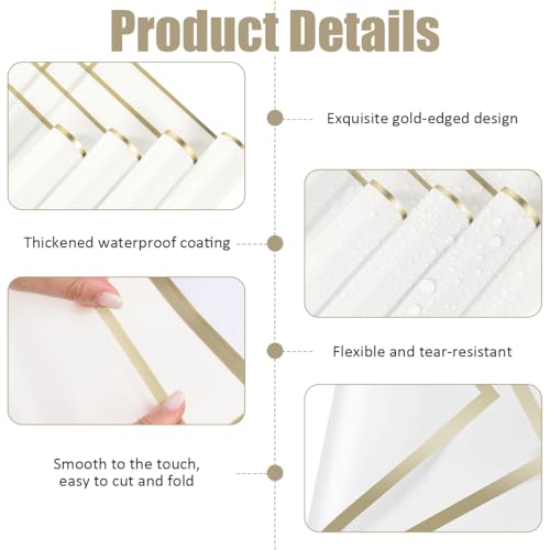 20 Blatt Minimalistisches Blumenstrauß Geschenkpapier mit Goldrand, 56 x 56 cm Wasserdicht Blumenpapier,Blumen Papier Weiß,Blumenstrauß Papier,Flower Wrapping Papers für Geschenkverpackungen,Blumen