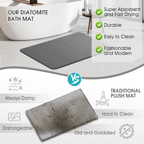 Image of ZIKIBL Stone Bath Mat Diatomaceous Earth Shower Mat Non-Slip Super Absorbent Diatomite Stone Mats for Bathroom Floor /Ktichen Cuonter Quick-Drying Easy to Clean (24''*16'' Grey-Feather)