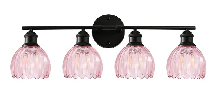 Image of Bathroom Light Fixtures, 4-Light Brushed Black Vanity Lights for Bathroom with Pink Tulip Glass Shade, 20 inch Vintage Bathroom Vanity Lighting Fixtures Over Mirror for Bedroom Living Room Hallway