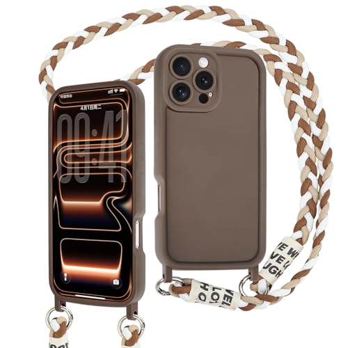 AICISINGN Handyhülle für iPhone 16 Pro Hülle mit Band Handykette Schutzhülle mit Handyband Hülle mit Abnehmbar Kordel Kette zum Umhängen Stoßfeste Kameraschutz Case für iPhone 16 Pro Braun 01