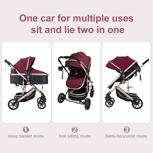 PEARLOVE 2 in 1 Convertible Baby Stroller Newborn Reversible Bassinet Pram, Foldable Pushchair with Adjustable Canopy Folding High Landscape Infant Carriage, Anti-Shock Toddler Pushchair