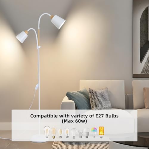 ANTENLICHT YOYO Stehlampe mit leselampe | E27 Fassung max. 60W | 360° schwenkbare Stehleuchte mit 2 Lampenköpfen | Vintage Modern Metall Stehlampe für Wohnzimmer | Höhe 159cm ohne Birne (Weiß)