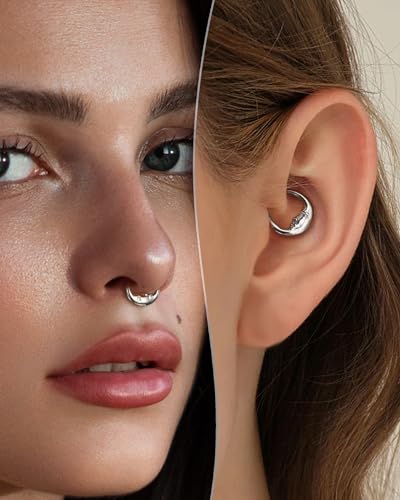 COCHARM Moon Face G23 Solid Titanium Septum Ring 16G Silver Septum Jewelry Dainty Helix Daith Earrings for Women Daith Piercing Jewelry 8/10MM2