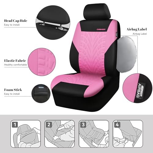 Image of CAR PASS Car Seat Covers Two Front Only for Car, 3D Tyre Print Automotive Interior Covers, Airbag Compatible, Quick Setup Universal Fit Seat Covers for Car, Truck, SUV(Black and Pink)