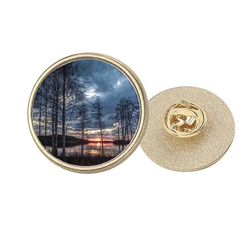 Broche ronde dorée paysage de lac en métal de haute finition, M