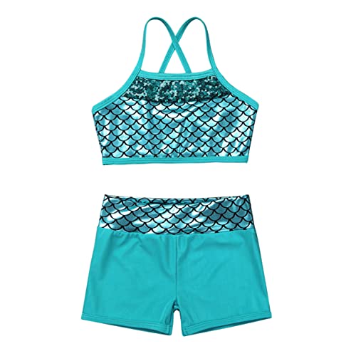 Image of Agoky Kids Girls 2PCS Sports Outfits Ballet Gym Sequins Mermaid Tank Top Shorts Set Tankini Swimwear Gymnastics Tracksuit