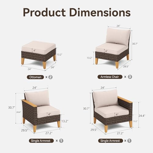 GREEN PARTY 7 Pieces Wicker Patio Furniture Set, All-Weather Outdoor Rattan Patio Sectional Sofa Conversation Set with 4\" Thick Cushions for Garden, Backyard, 2 x Ottomans